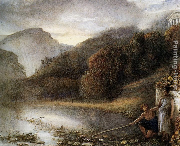 James Smetham Classical figures by a river with a Temple Beyond